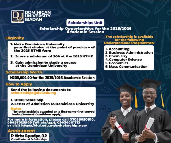 Dominican University Ibadan Scholarship for UTME Candidates – 2025/2026 Academic Session
