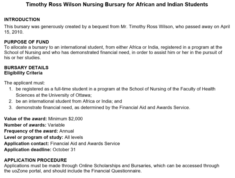 $2,000+ Timothy Ross Wilson Nursing Bursary 2026: University of Ottawa Funding for African & Indian International Students