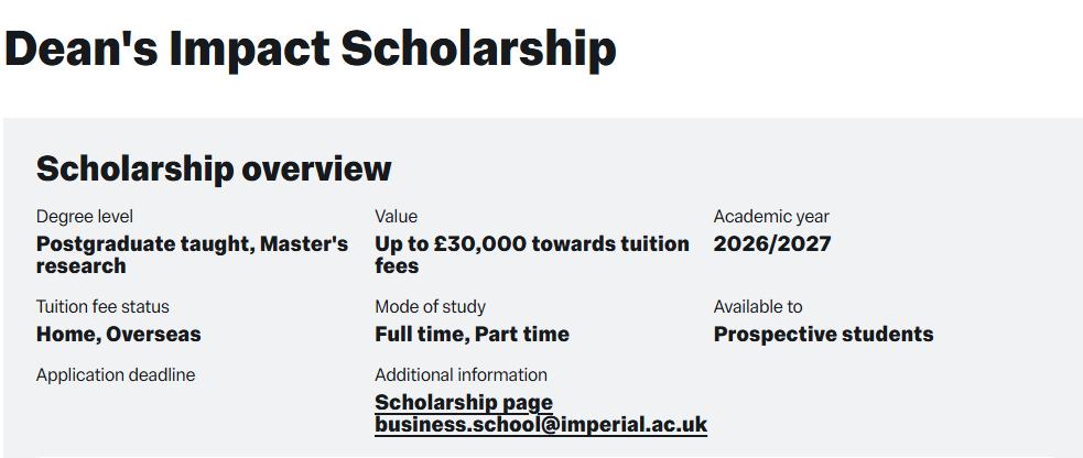 Dean’s Impact Scholarship at Imperial College Business School – Up to £30,000 for Transformational Leaders