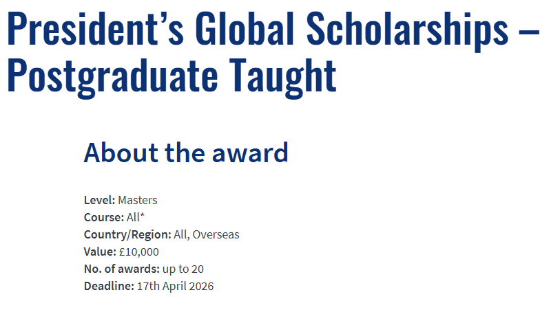 £10,000 UK Masters Scholarship for Top Students | Queen Mary President’s Global Scholarships 2026