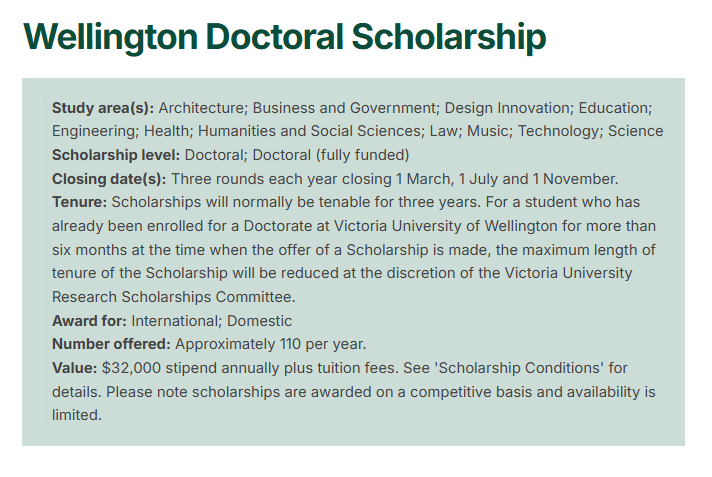 Wellington Doctoral Scholarship 2026: $32,000 Per Year Plus Full Tuition for PhD Students at Victoria University of Wellington