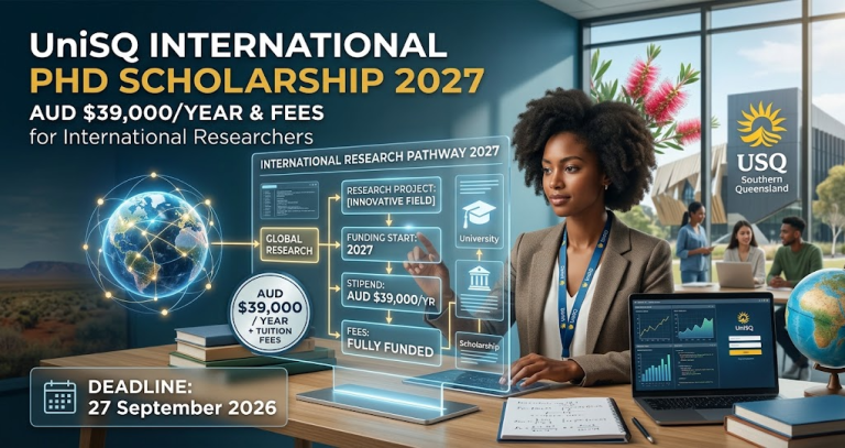 UniSQ International PhD Stipend and Fees Scholarship 2027: AUD $39,000/Year for International Researchers in Australia (Deadline: 27 September 2026)
