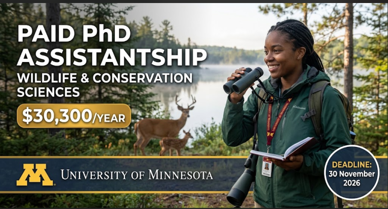 Paid PhD Assistantship in Wildlife and Conservation Sciences at University of Minnesota: $30,300/Year (Deadline: 30 November 2026)